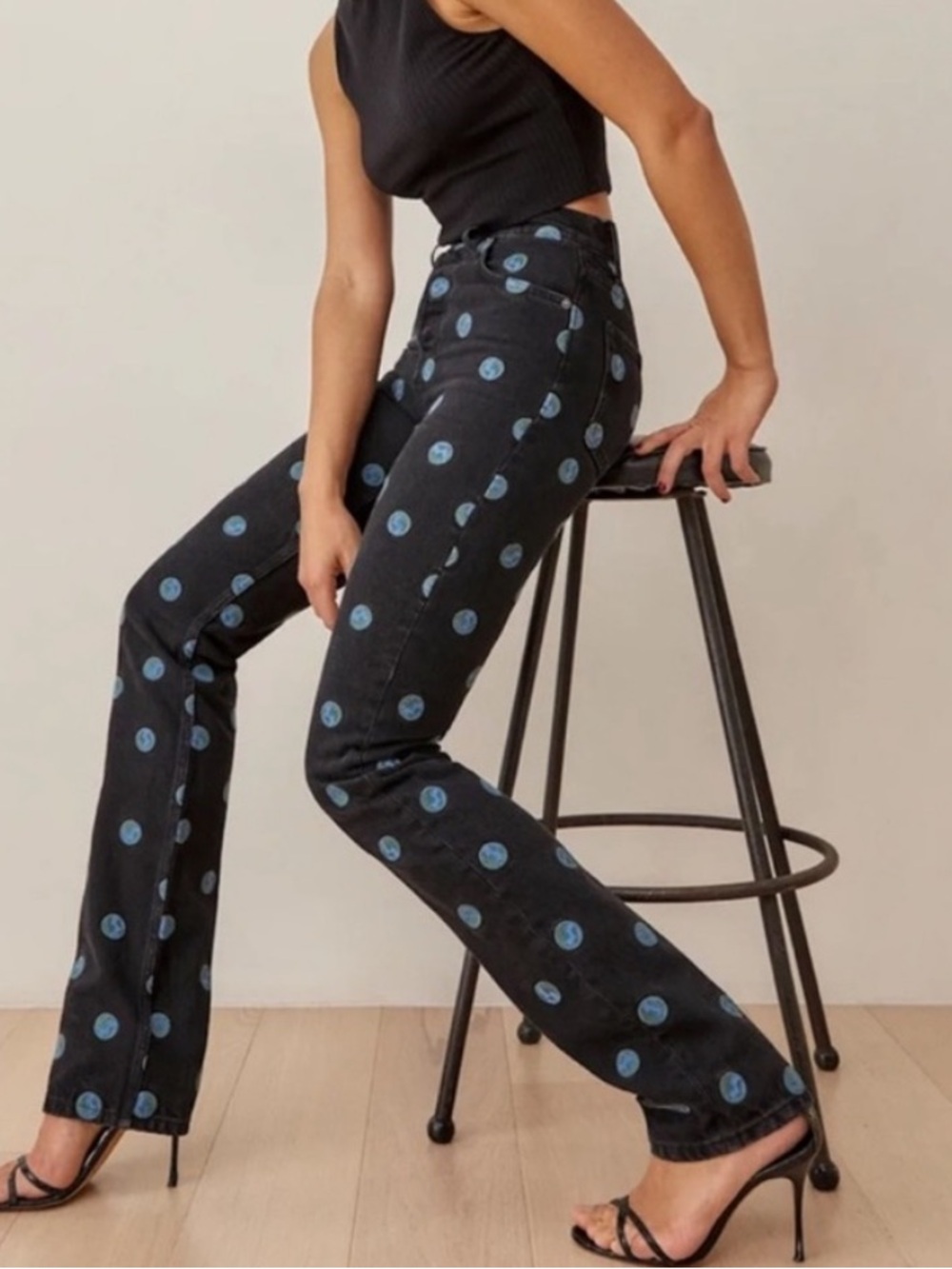 NWT Reformation Black Earth Embroidered High Rise Straight Leg Jeans